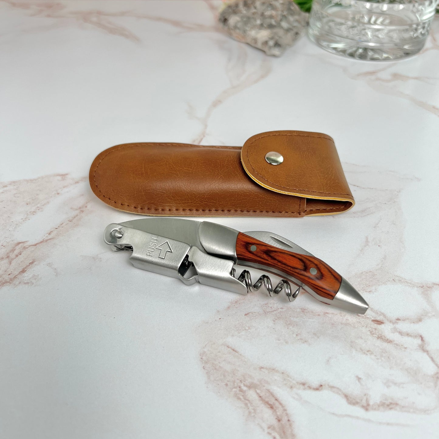 Custom Engraved Wood & Stainless Steel Corkscrew with Leather Case