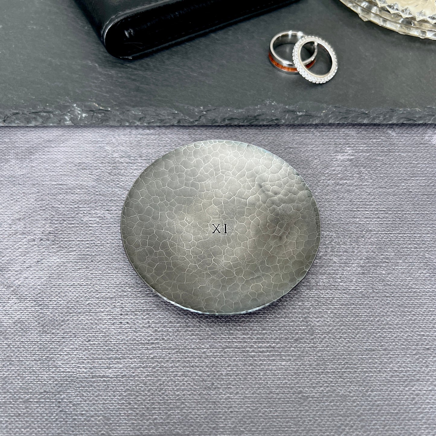 Personalized Steel Ring Dish - Round, Hammered & Custom Stamped