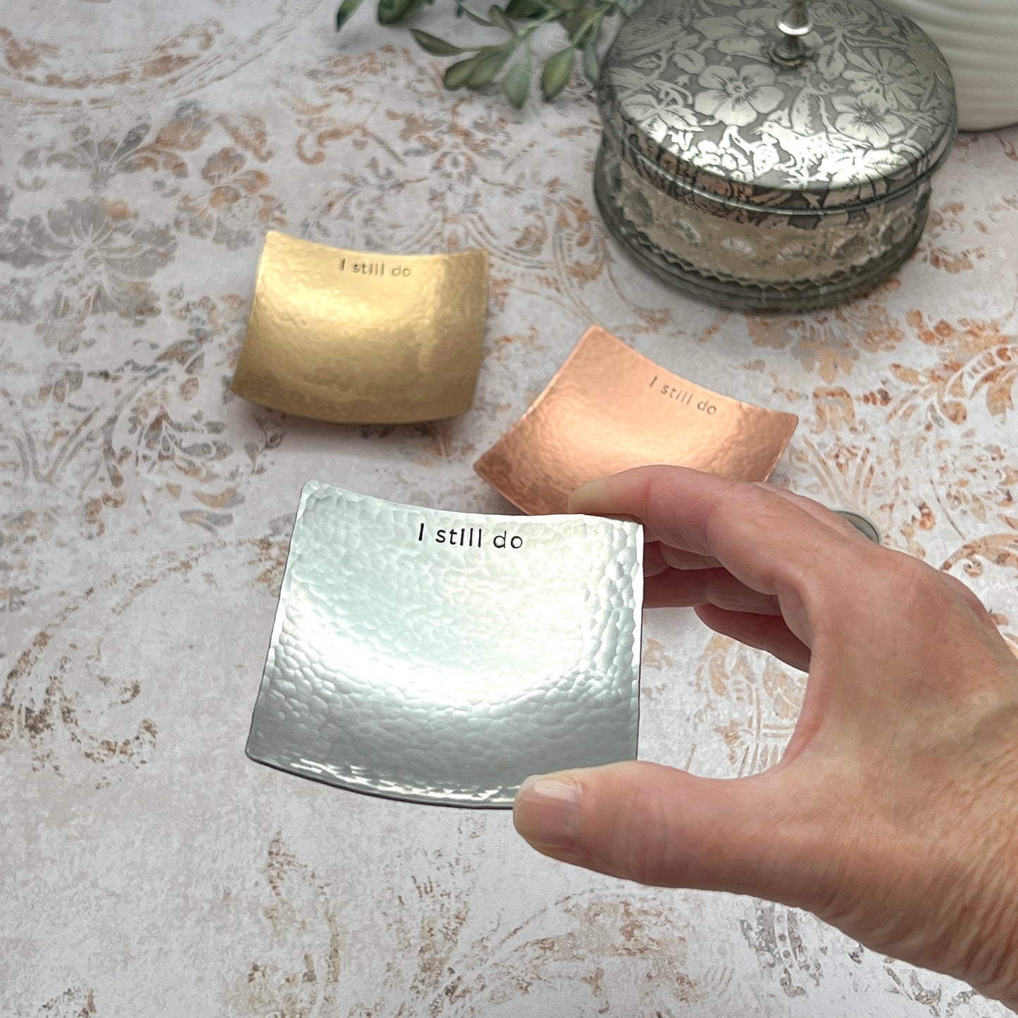 "I Still Do" Hand-Stamped Pewter Ring Dish, Square