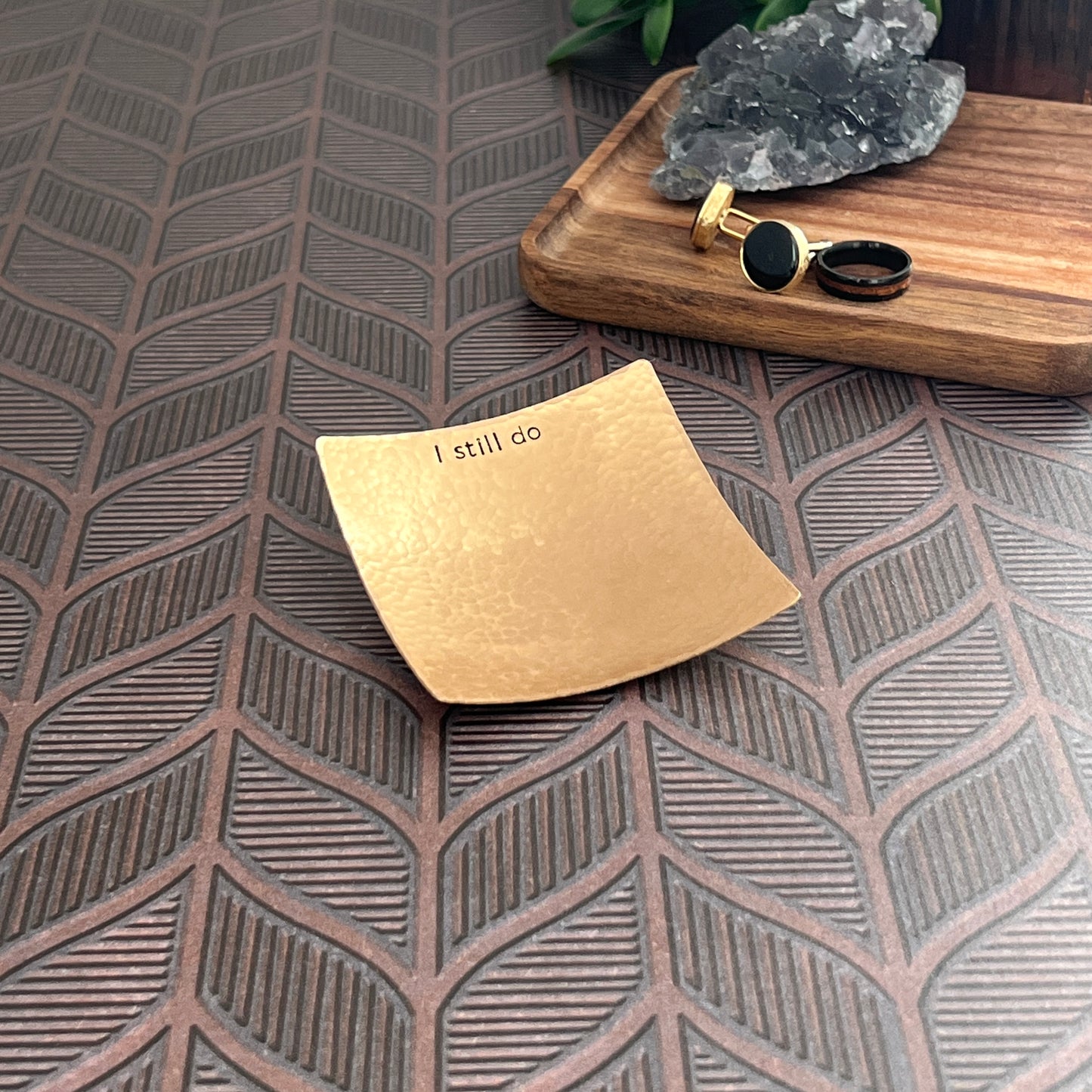 Square Bronze Ring Dish - Hammered & Custom Stamped