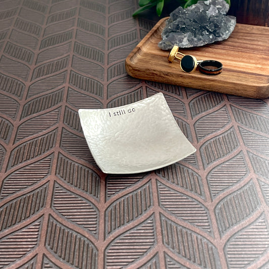 Personalized square pewter ring dish with custom hand-stamped text, handcrafted and hammered in South Carolina