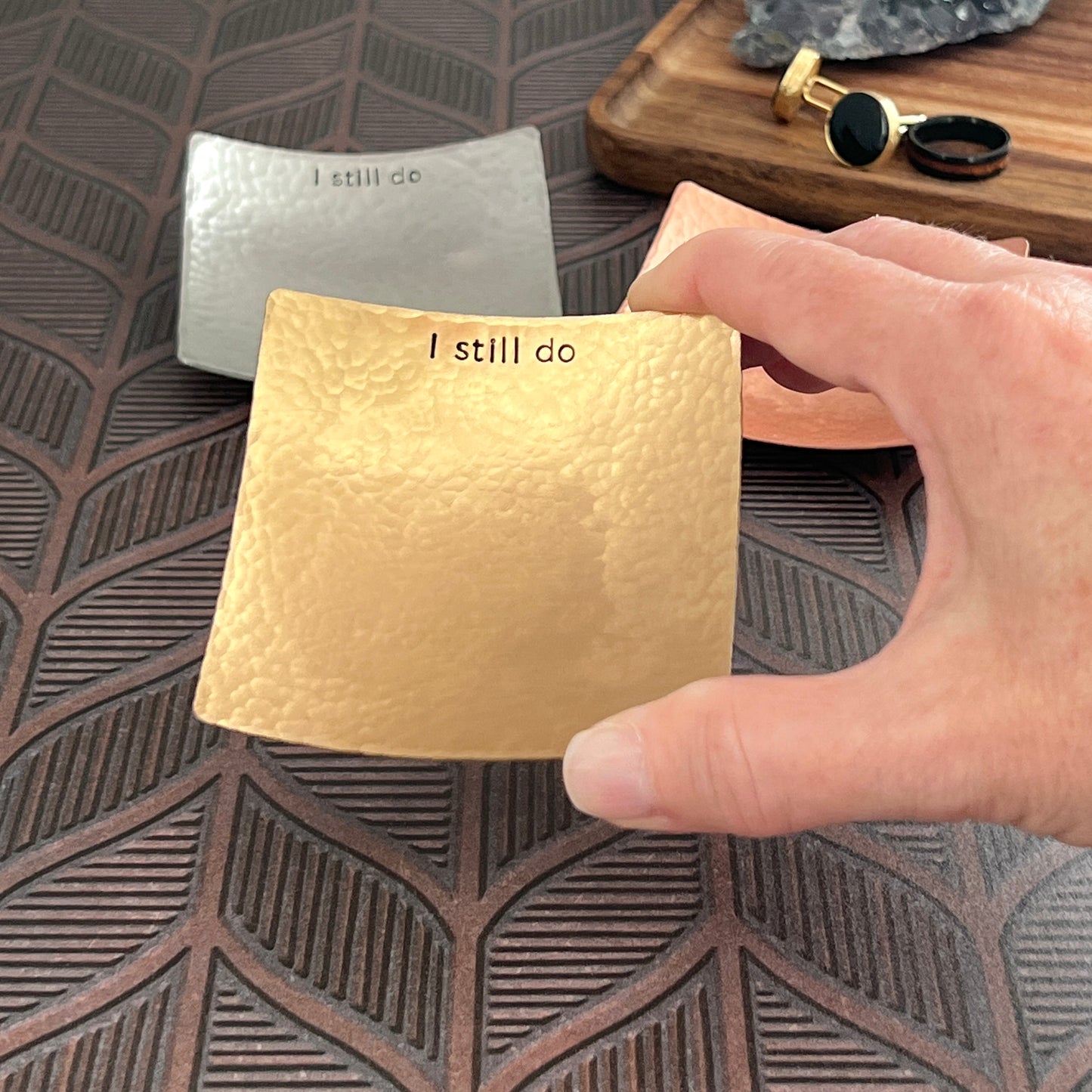 Square Bronze Ring Dish - Hammered & Custom Stamped