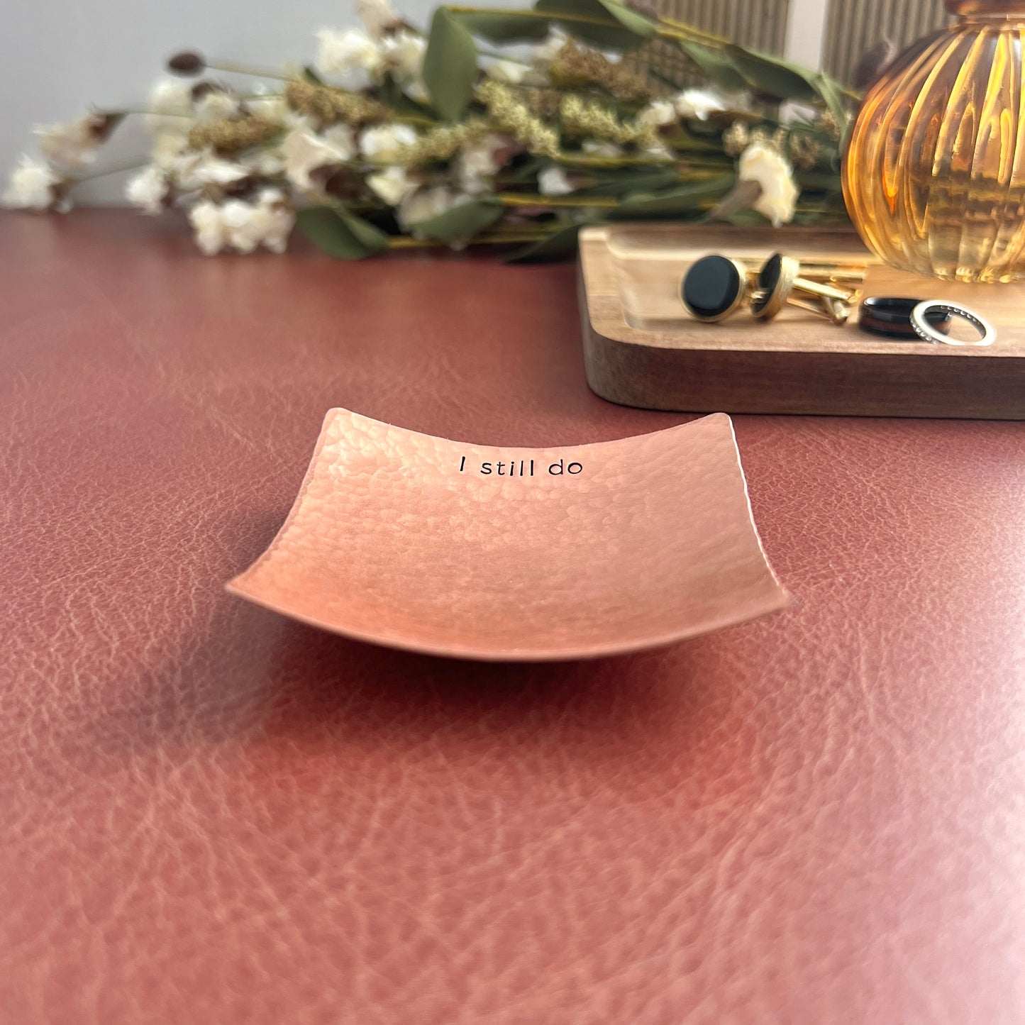 Square Copper Ring Dish - Hammered & Custom Stamped