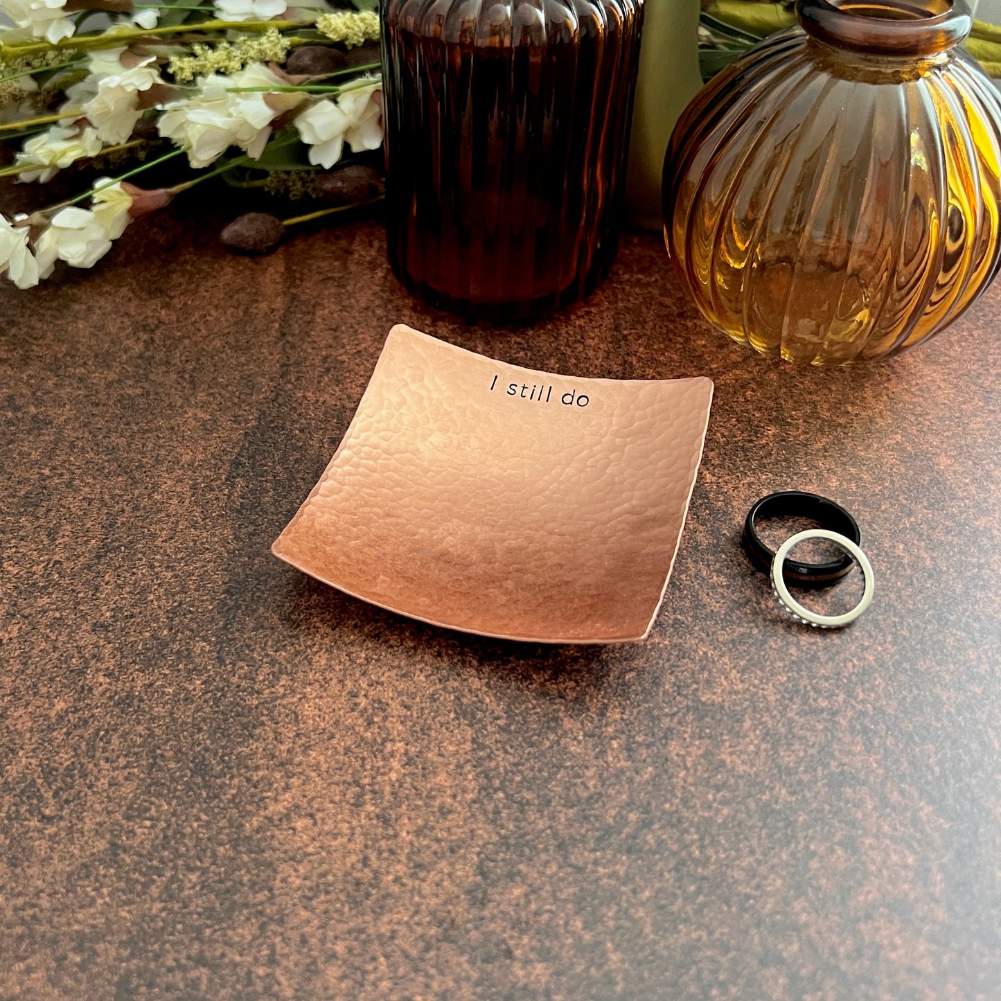Square Copper Ring Dish - Hammered & Custom Stamped