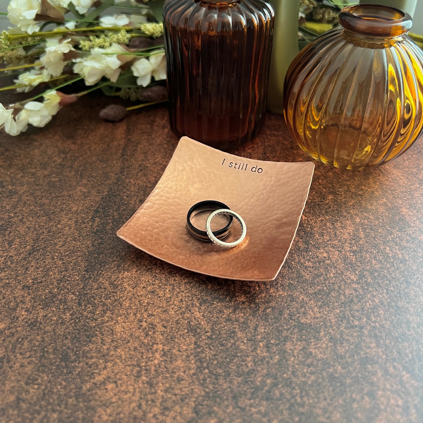 Square Copper Ring Dish - Hammered & Custom Stamped