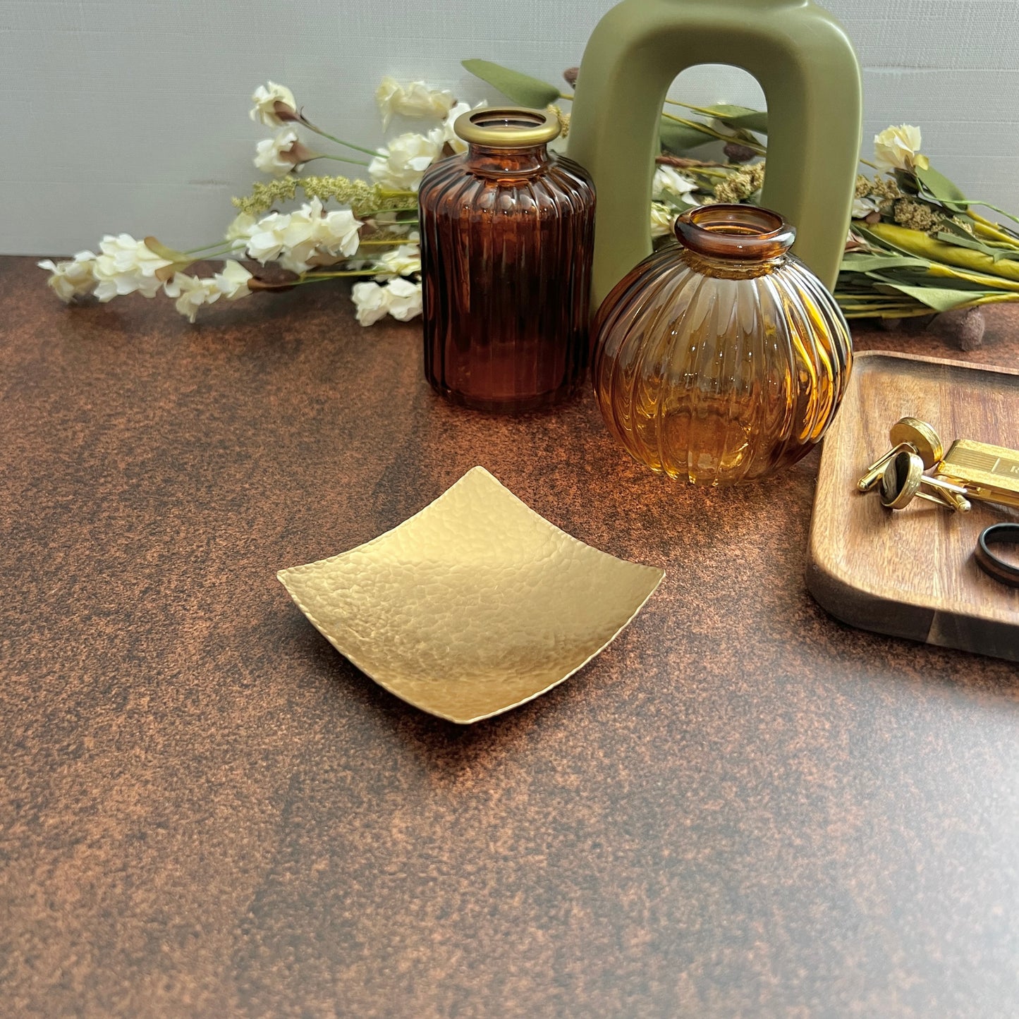 Square Bronze Ring Dish - Hammered & Custom Stamped