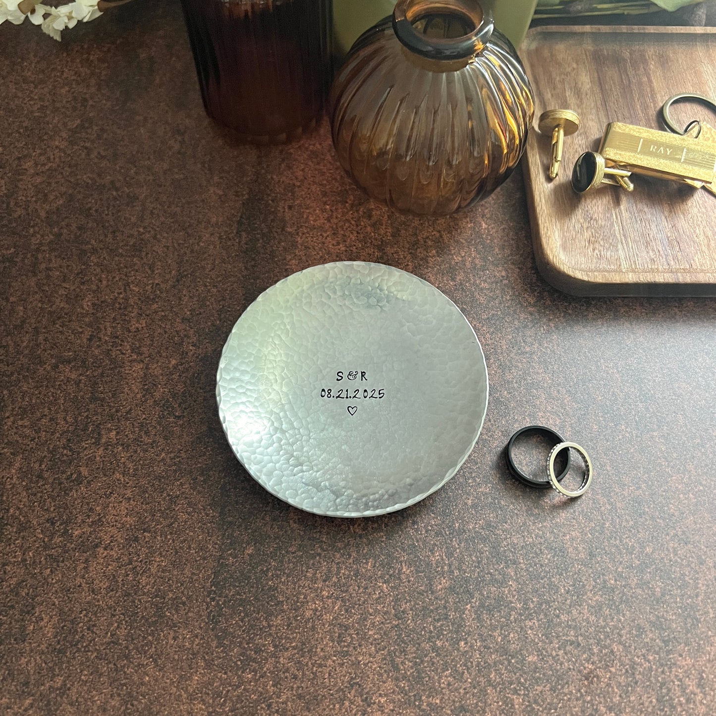 Personalized Pewter Ring Dish - Round, Hammered & Custom Stamped
