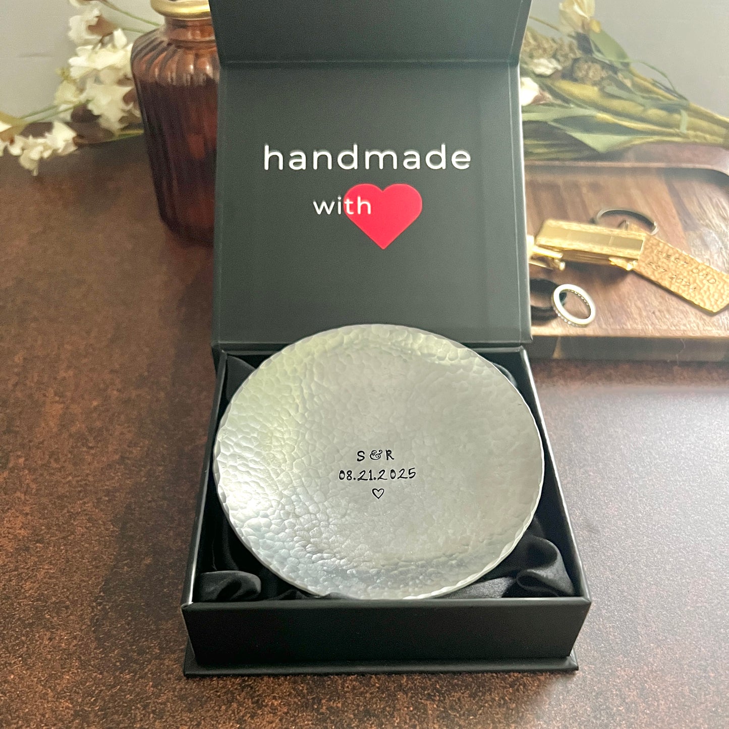 Personalized Pewter Ring Dish - Round, Hammered & Custom Stamped