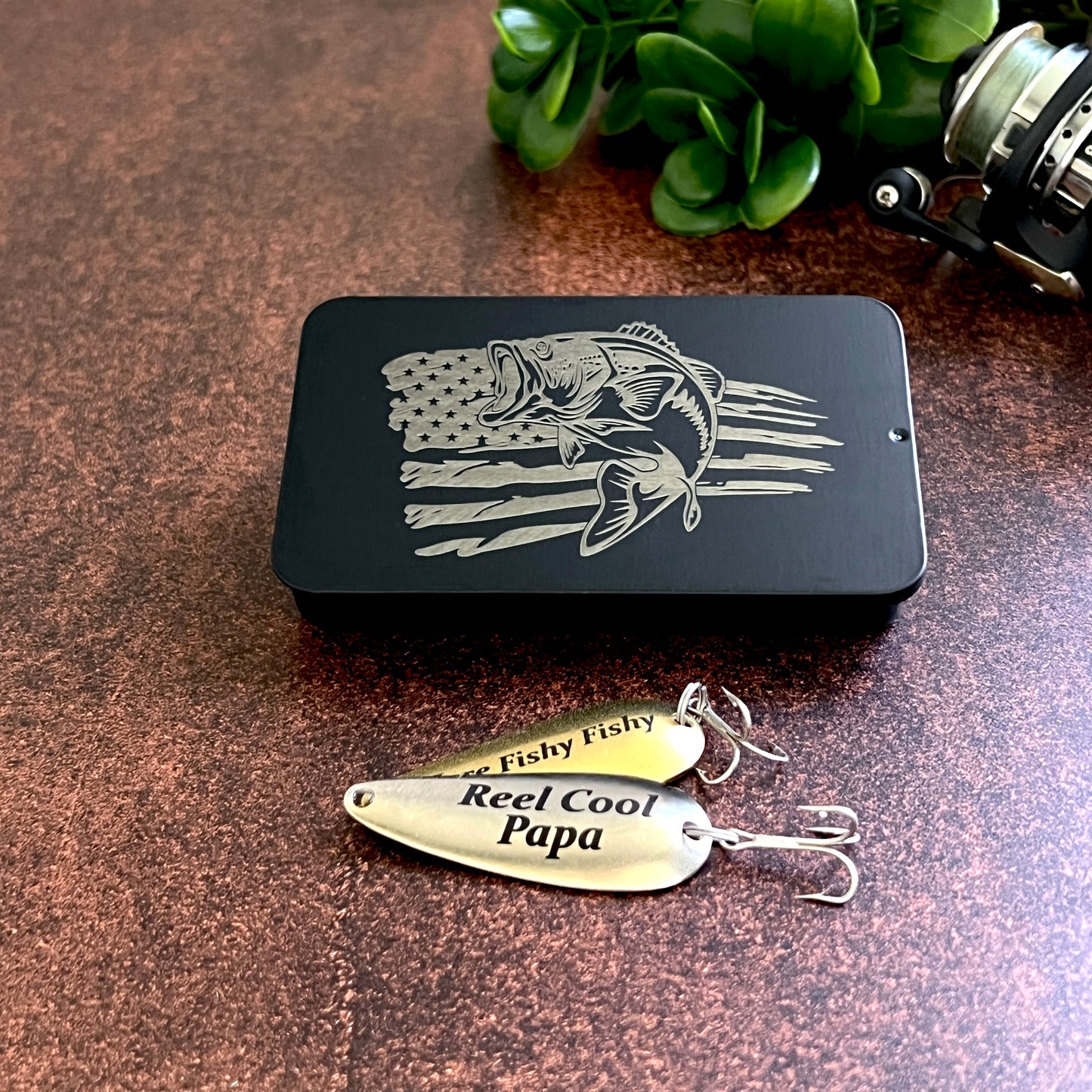 Custom engraved fishing lure set with two lures in brass or nickel and a keepsake tin. A personalized gift for him, handcrafted in the USA.