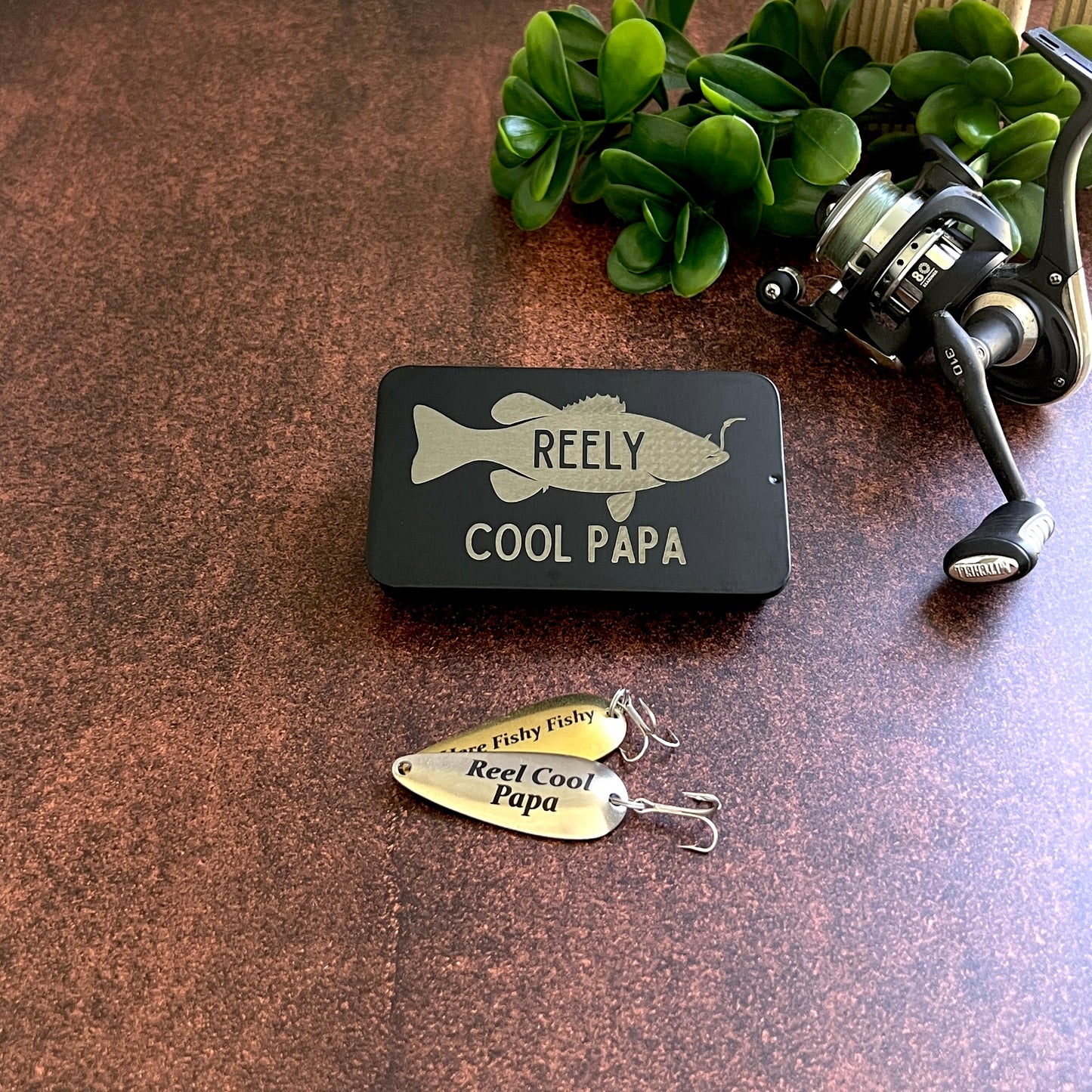 Bestselling Fishing Gift Set for Dad – “Reel Cool Dad” & “Here Fishy” Lures with Gift Tin