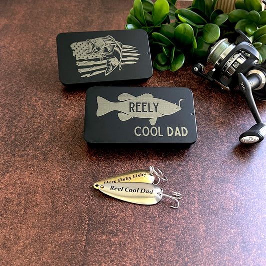 Bestselling Fishing Gift Set for Dad – “Reel Cool Dad” & “Here Fishy” Lures with Gift Tin