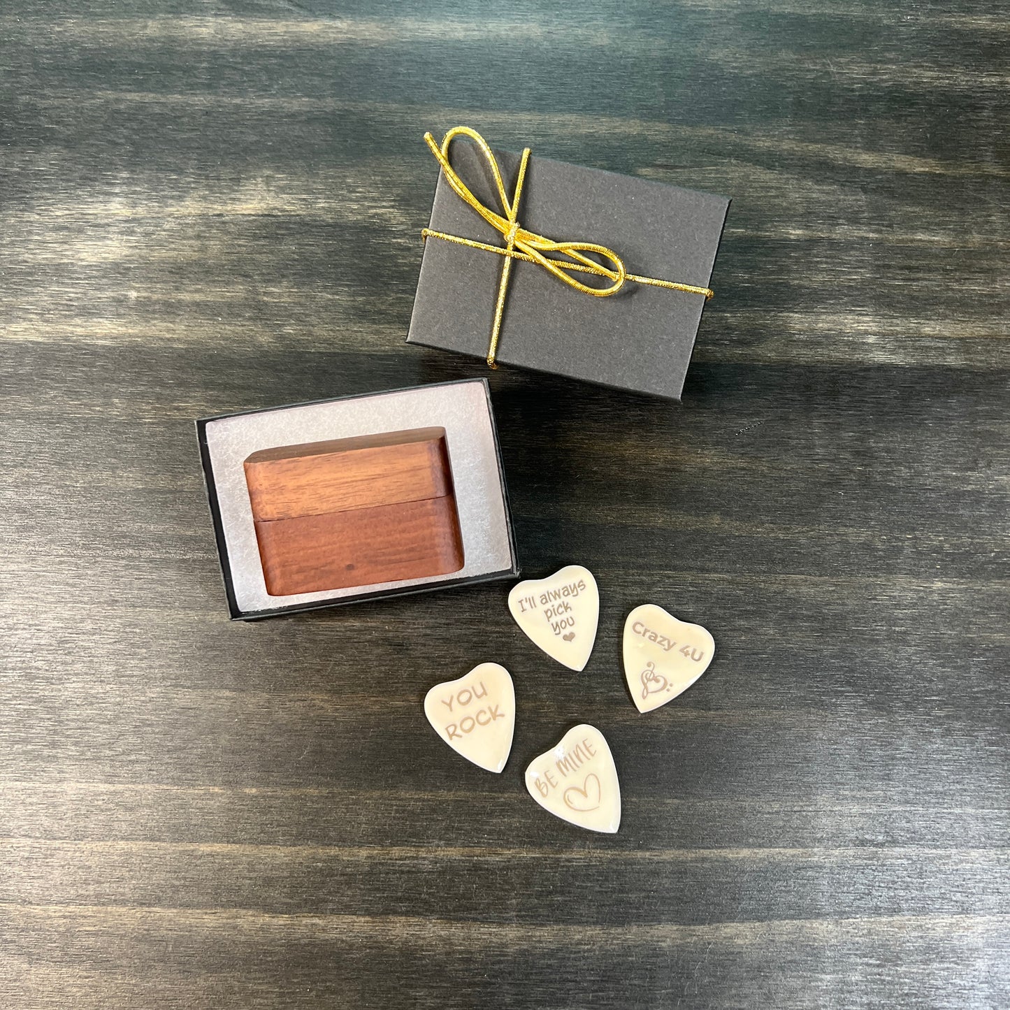 Personalized Heart Shaped Bone Guitar Pick with Custom Magnetic Wood Box