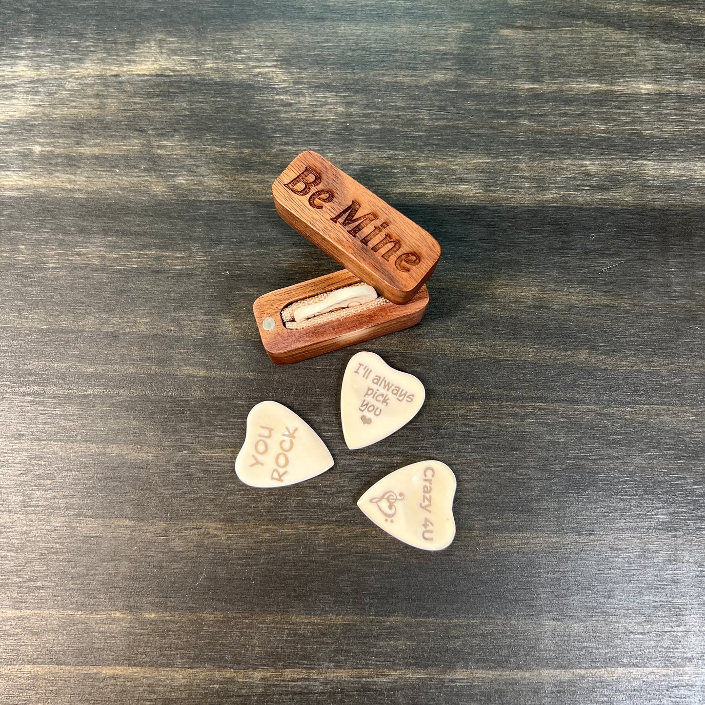 Personalized Heart Shaped Bone Guitar Pick with Custom Magnetic Wood Box