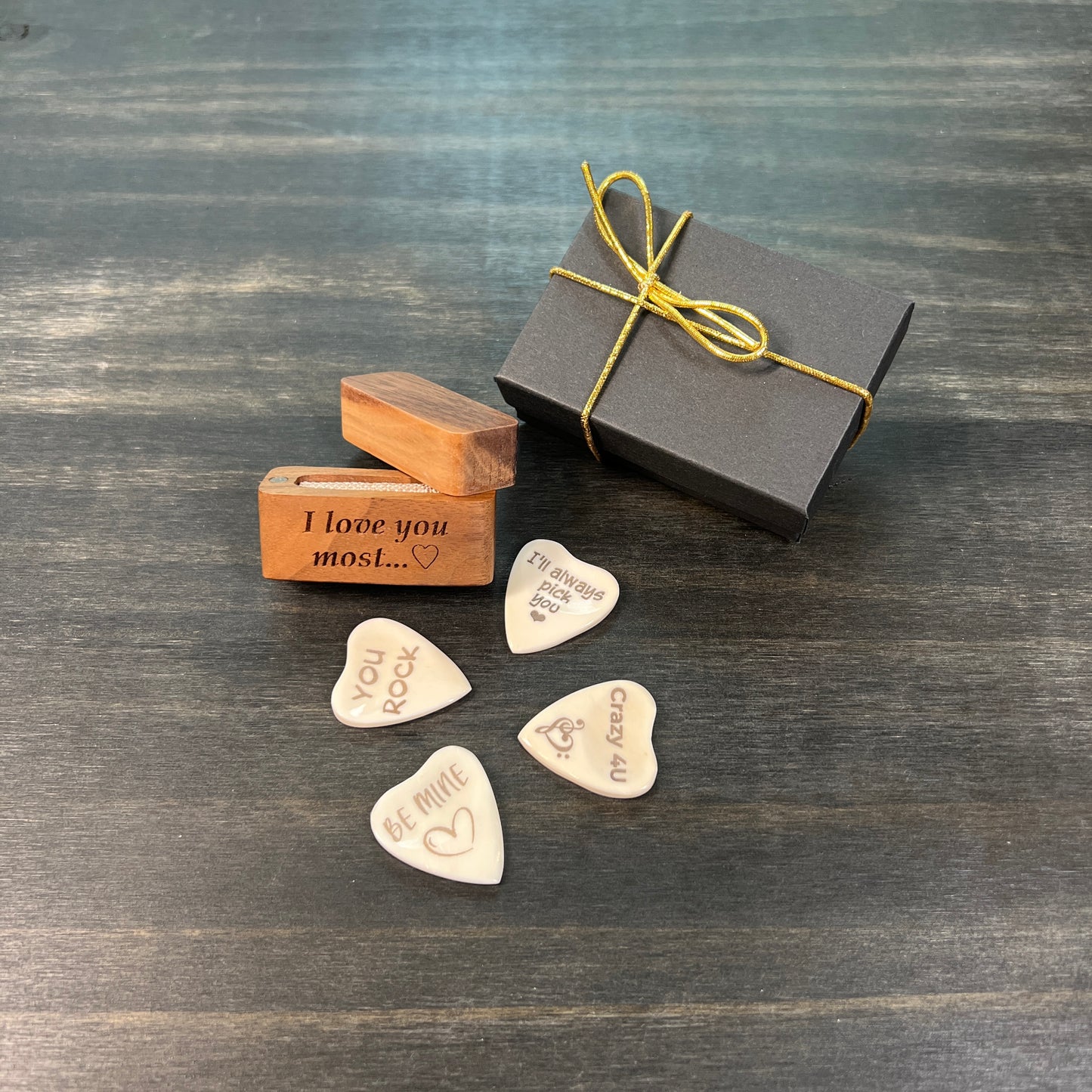 Personalized Heart Shaped Bone Guitar Pick with Custom Magnetic Wood Box