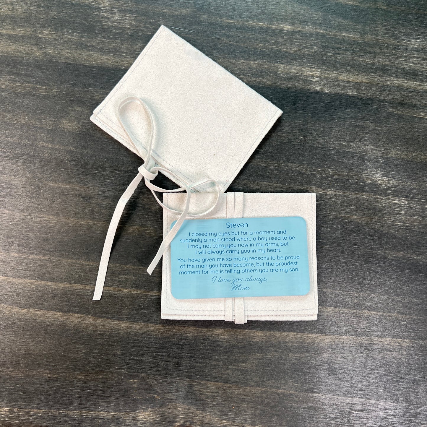 Custom Metal Wallet Card for Son with Leather Gift Pouch