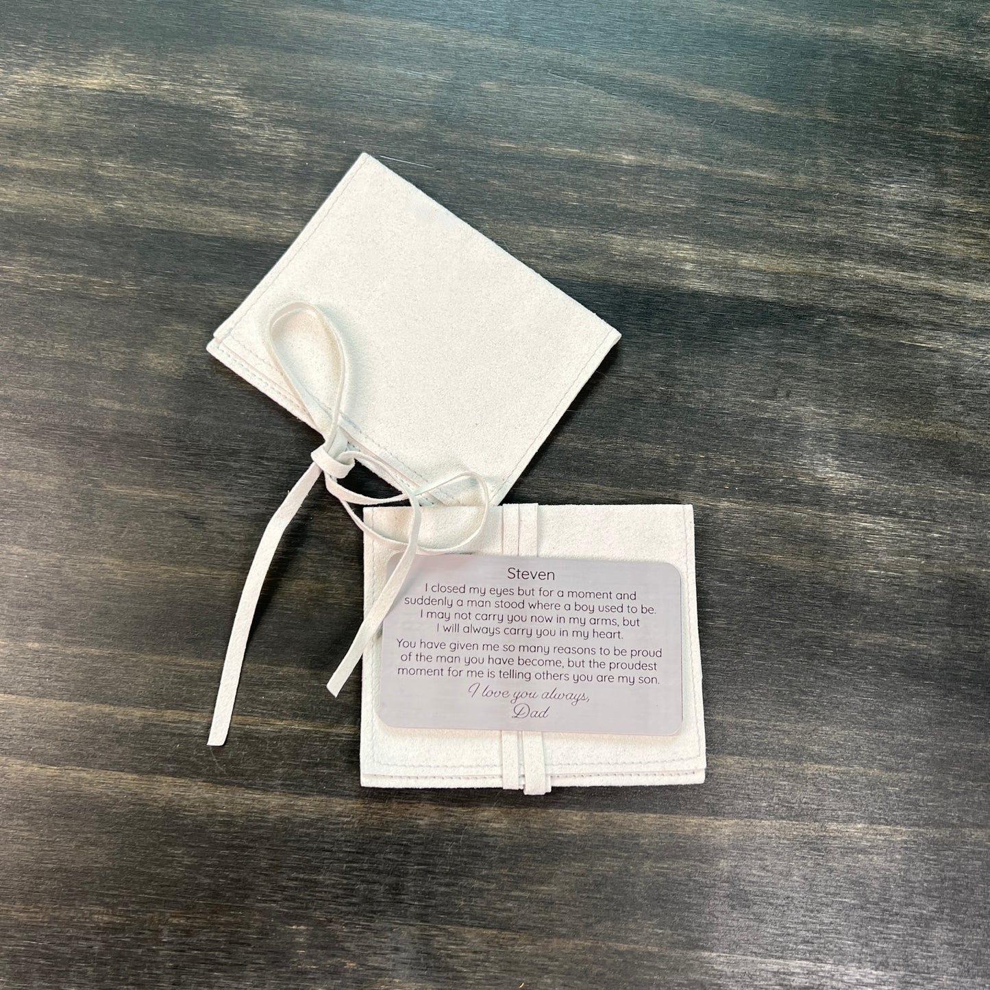 Custom Metal Wallet Card for Son with Leather Gift Pouch