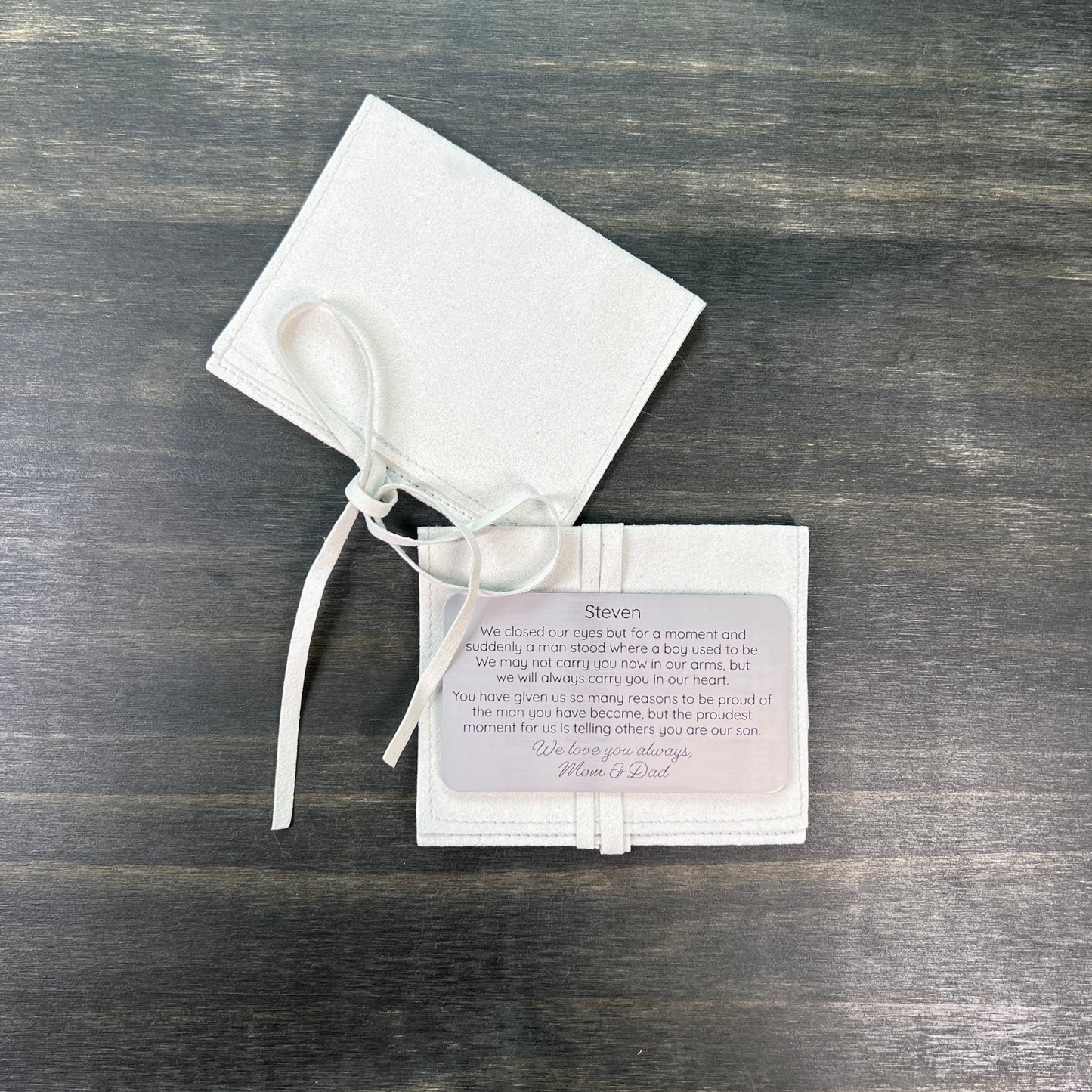 Custom Metal Wallet Card for Son with Leather Gift Pouch