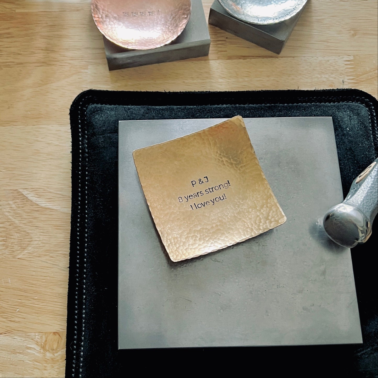 Custom Small Square Ring Dish – Hand-Stamped Copper, Bronze, or Pewter | Personalized 3" Metal Ring Holder