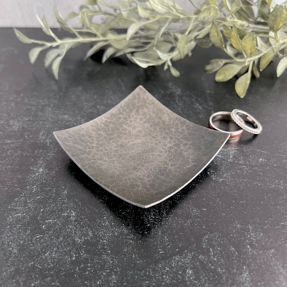 Plain square hammered steel ring dish with hand darkened gunmetal patina, made in South Carolina