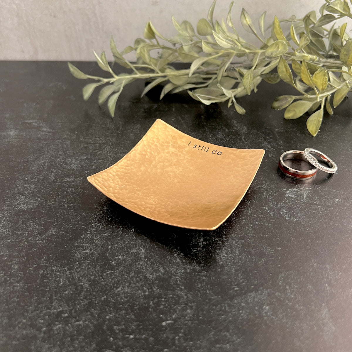 Square Bronze Ring Dish - Hammered & Custom Stamped