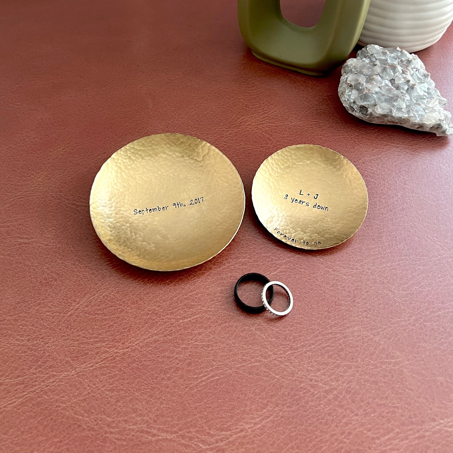 Personalized Bronze Ring Dish - Round, Hammered & Custom Stamped