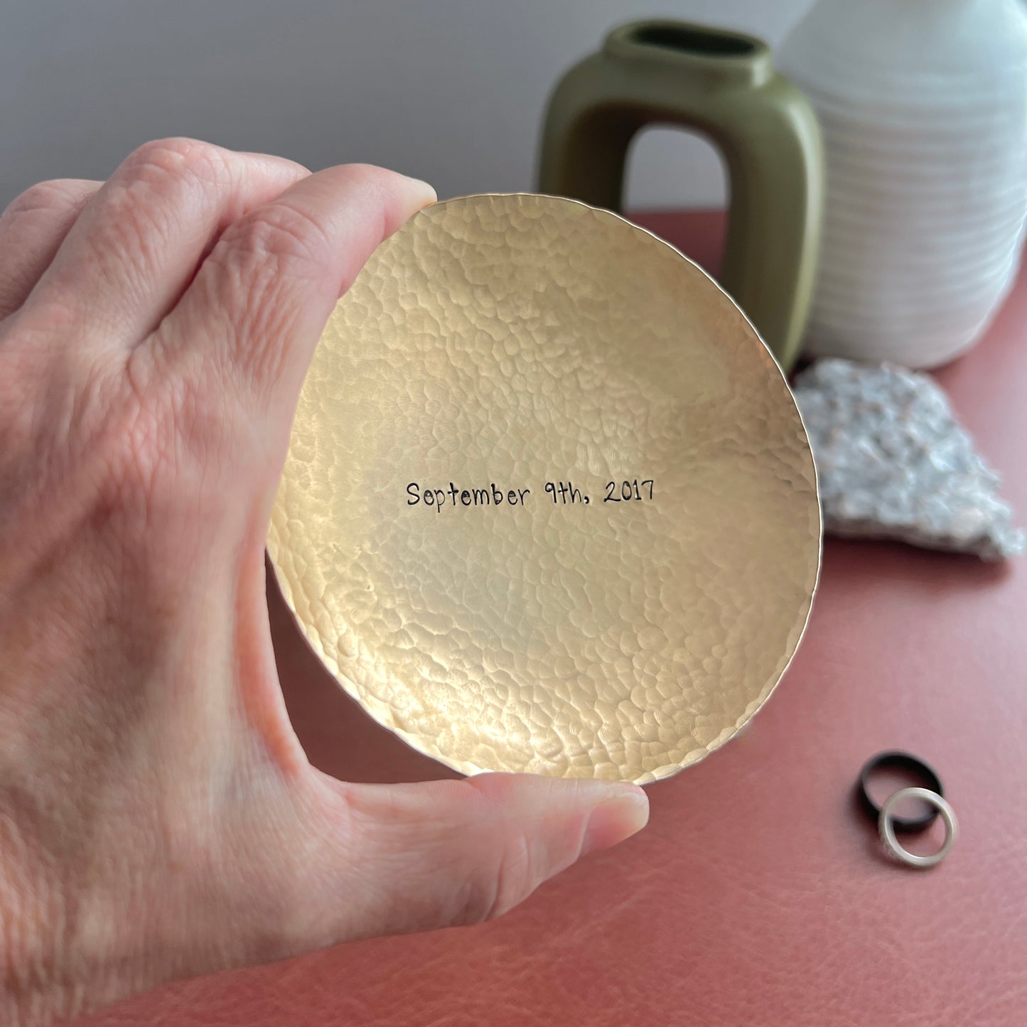 Custom Engraved Ring Dish – Small or Medium Round in Copper, Bronze, or Pewter