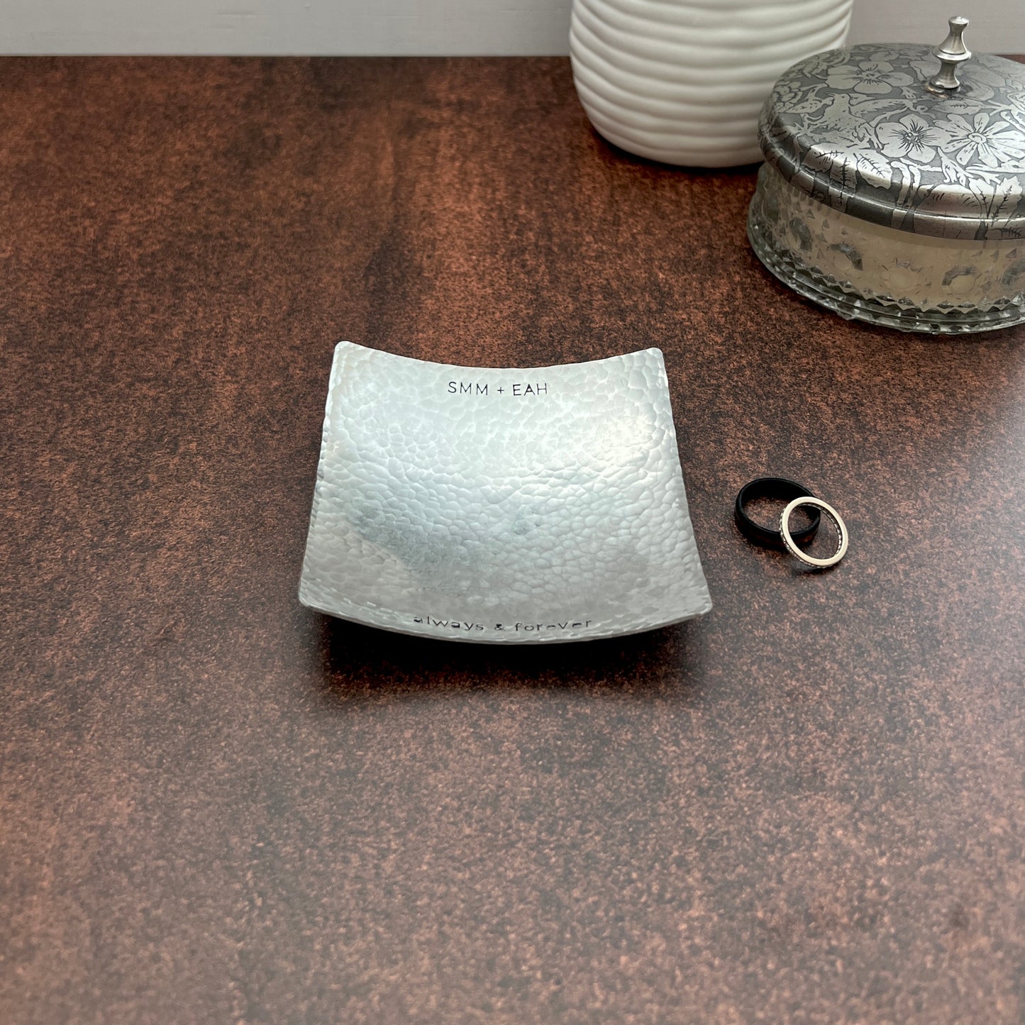 Square Pewter Ring Dish - Hammered & Custom Stamped