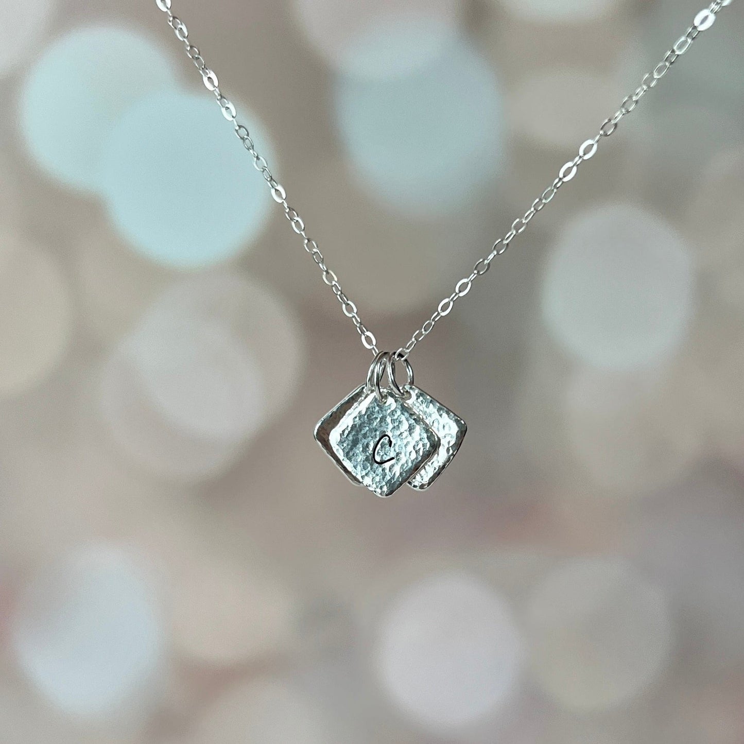 Hammered .925 Sterling Silver Initial Pendant with Fine Sterling Silver Chain