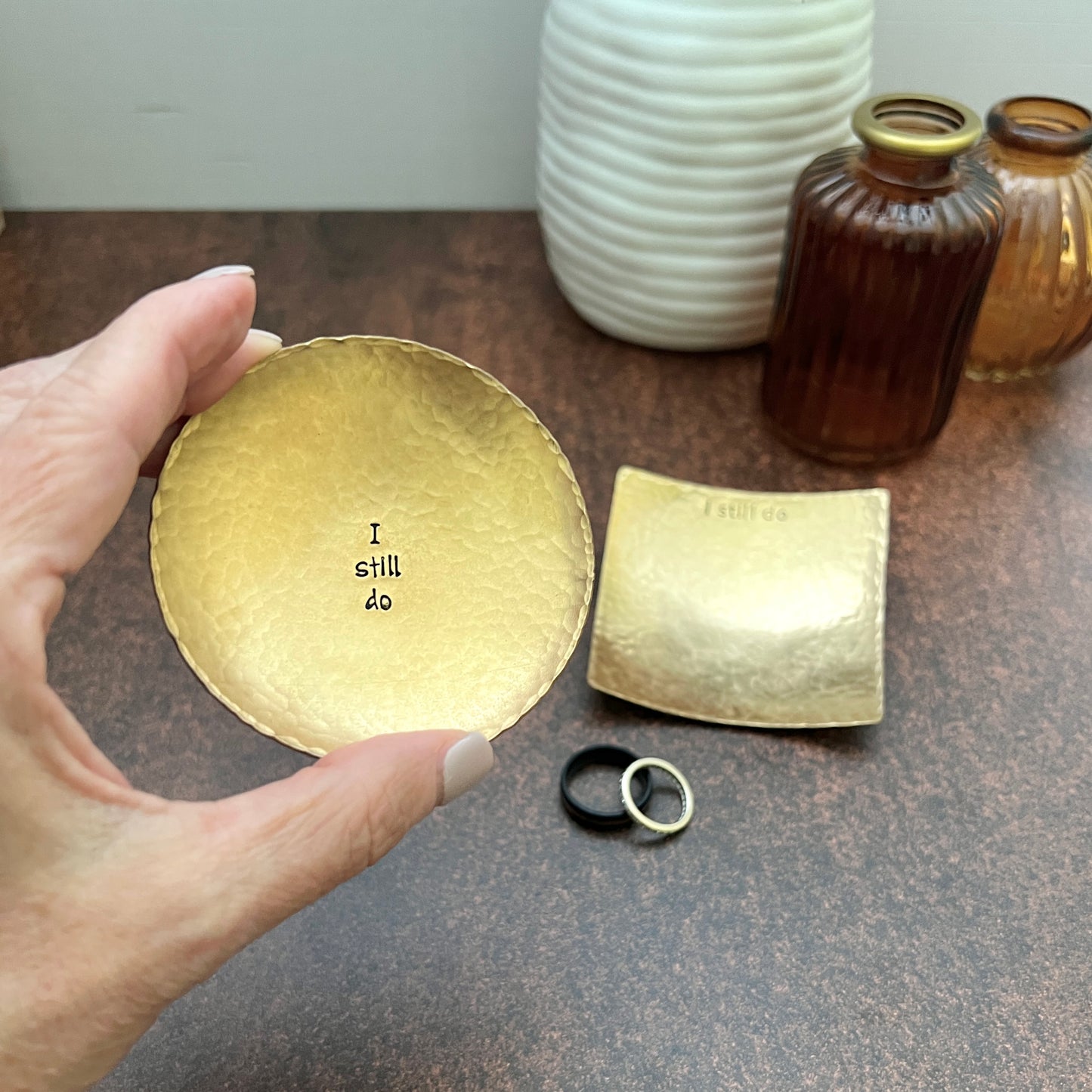 "I Still Do" Hand-Stamped Bronze Ring Dish, Round