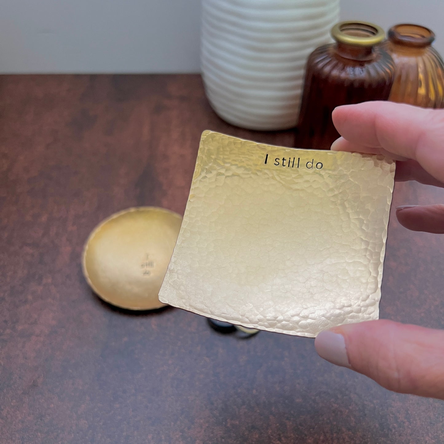 Square Bronze Ring Dish - Hammered & Custom Stamped