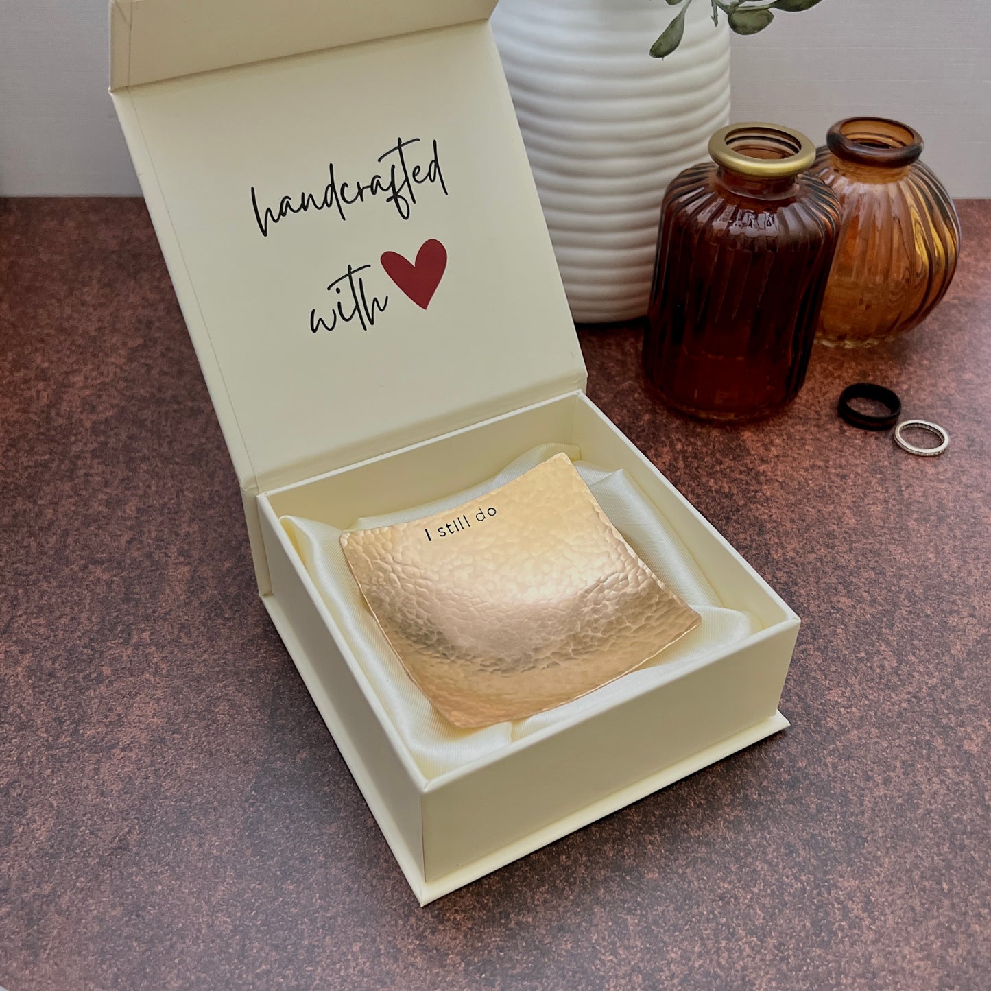 “I Still Do” Engraved Ring Dish – Hammered Copper, Bronze, or Pewter Christmas Gift