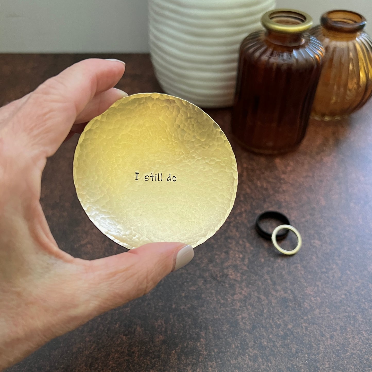 "I Still Do" Hand-Stamped Bronze Ring Dish, Round