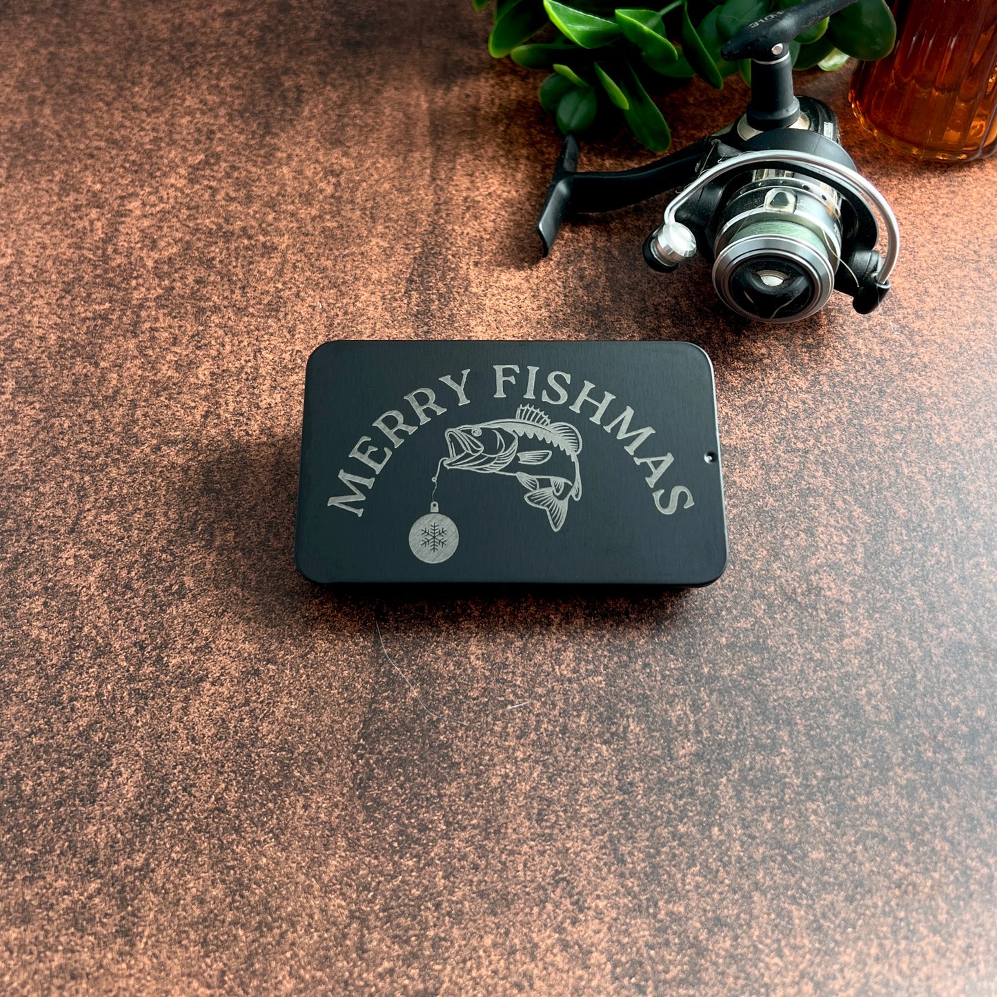 Custom Engraved Christmas Fishing Lures Gift Set – Brass & Nickel Lures + Black Slide‑Top Tin