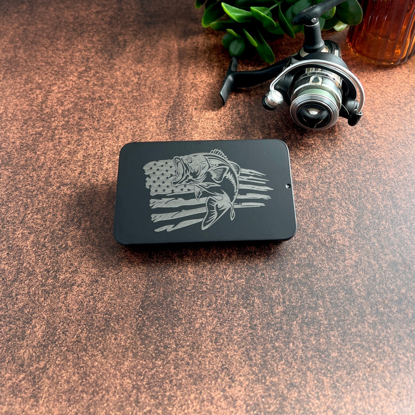 Custom Engraved Christmas Fishing Lures Gift Set – Brass & Nickel Lures + Black Slide‑Top Tin