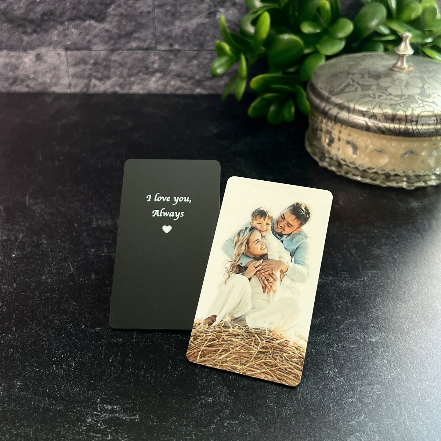 Custom Metal Photo Wallet Card – Personalized with Photo and Text, Includes Gift Pouch