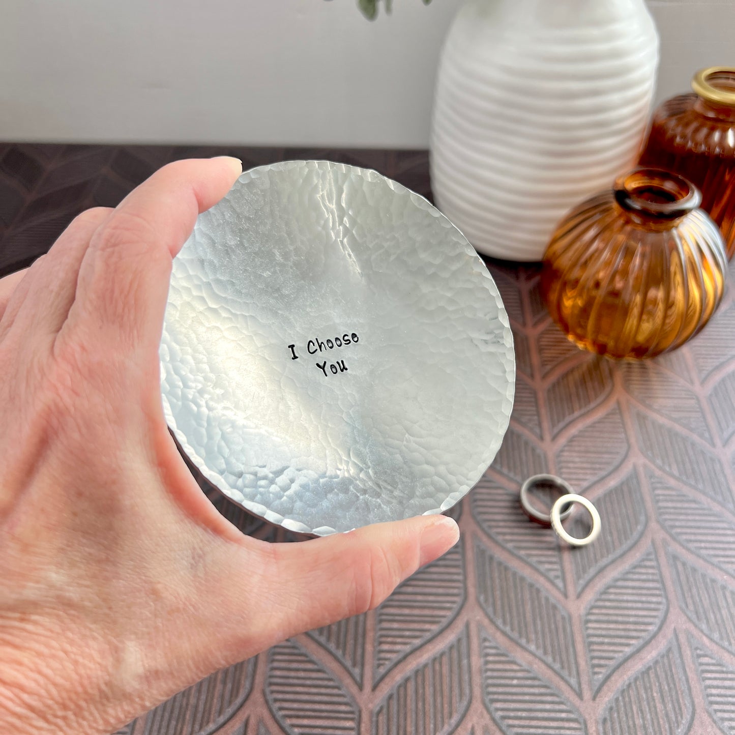 Personalized Pewter Ring Dish - Round, Hammered & Custom Stamped