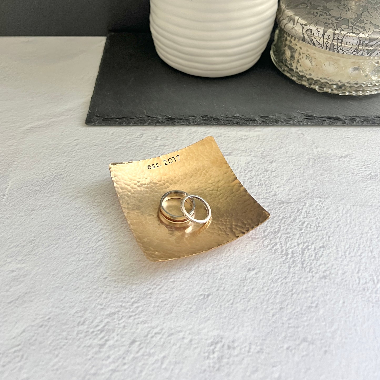 Custom Small Square Ring Dish – Hand-Stamped Copper, Bronze, or Pewter | Personalized 3" Metal Ring Holder