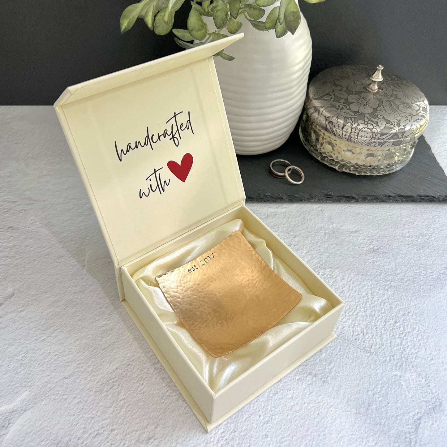 Custom Small Square Ring Dish – Hand-Stamped Copper, Bronze, or Pewter | Personalized 3" Metal Ring Holder