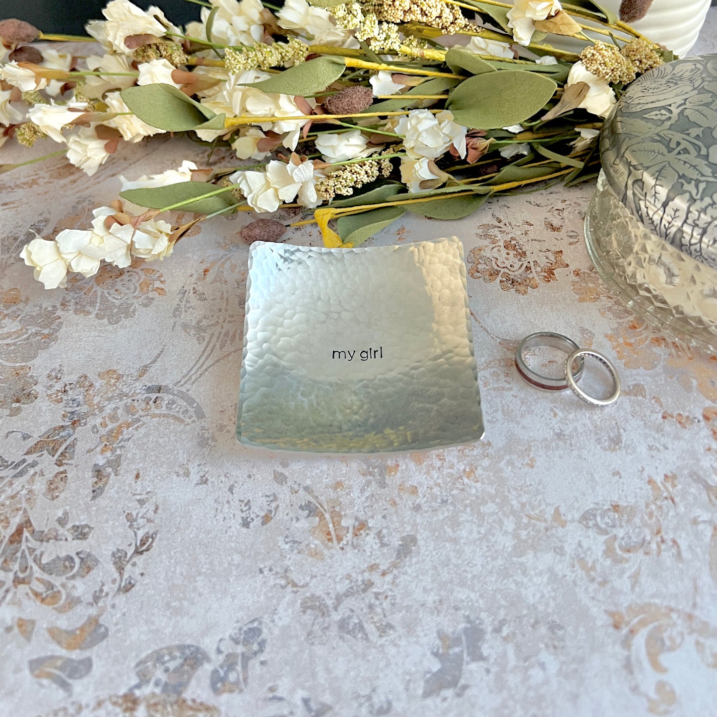 Custom Small Square Ring Dish – Hand-Stamped Copper, Bronze, or Pewter | Personalized 3" Metal Ring Holder