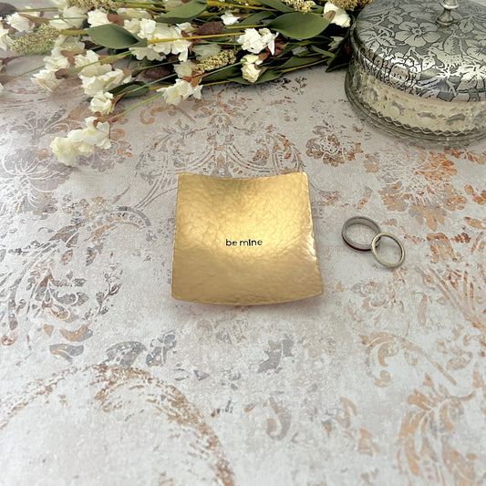 Personalized square bronze ring dish with custom hand-stamped text, handcrafted and hammered in South Carolina