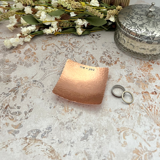 Personalized square copper ring dish with custom hand-stamped text, handcrafted and hammered in South Carolina