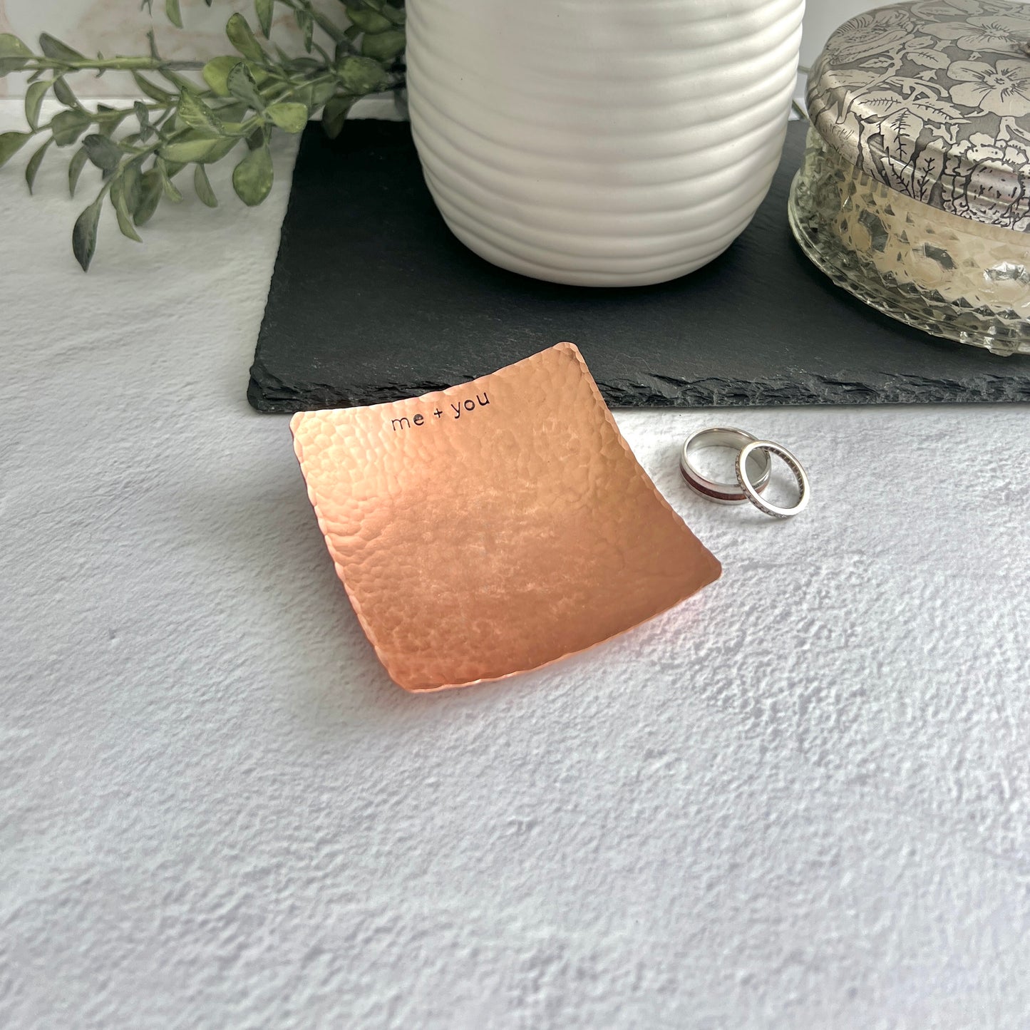 Square Copper Ring Dish - Hammered & Custom Stamped