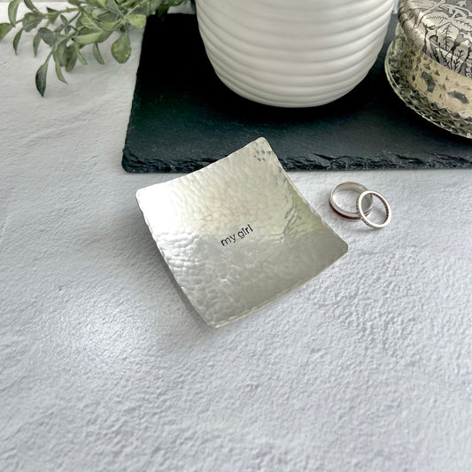Square Pewter Ring Dish - Hammered & Custom Stamped