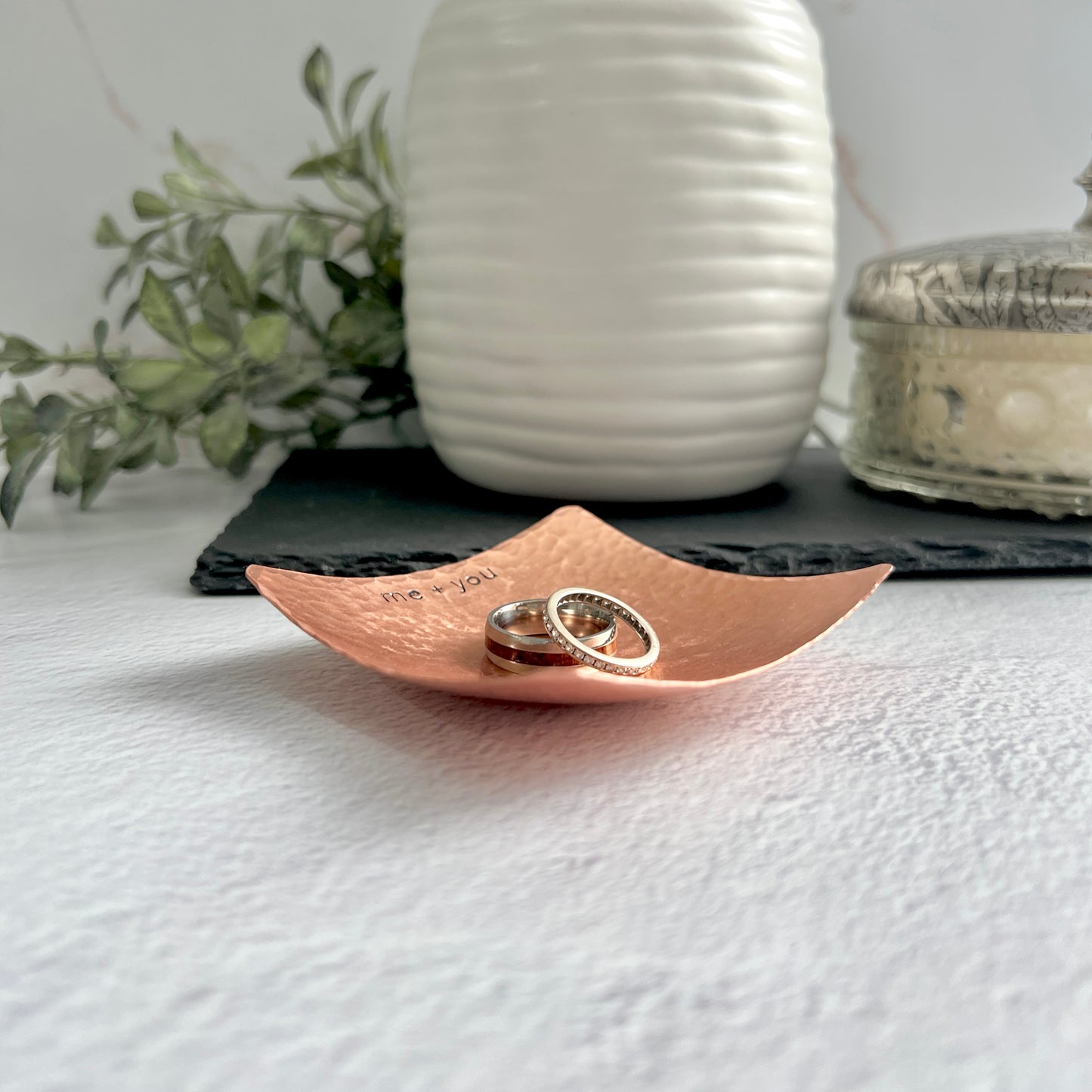 Custom Small Square Ring Dish – Hand-Stamped Copper, Bronze, or Pewter | Personalized 3" Metal Ring Holder