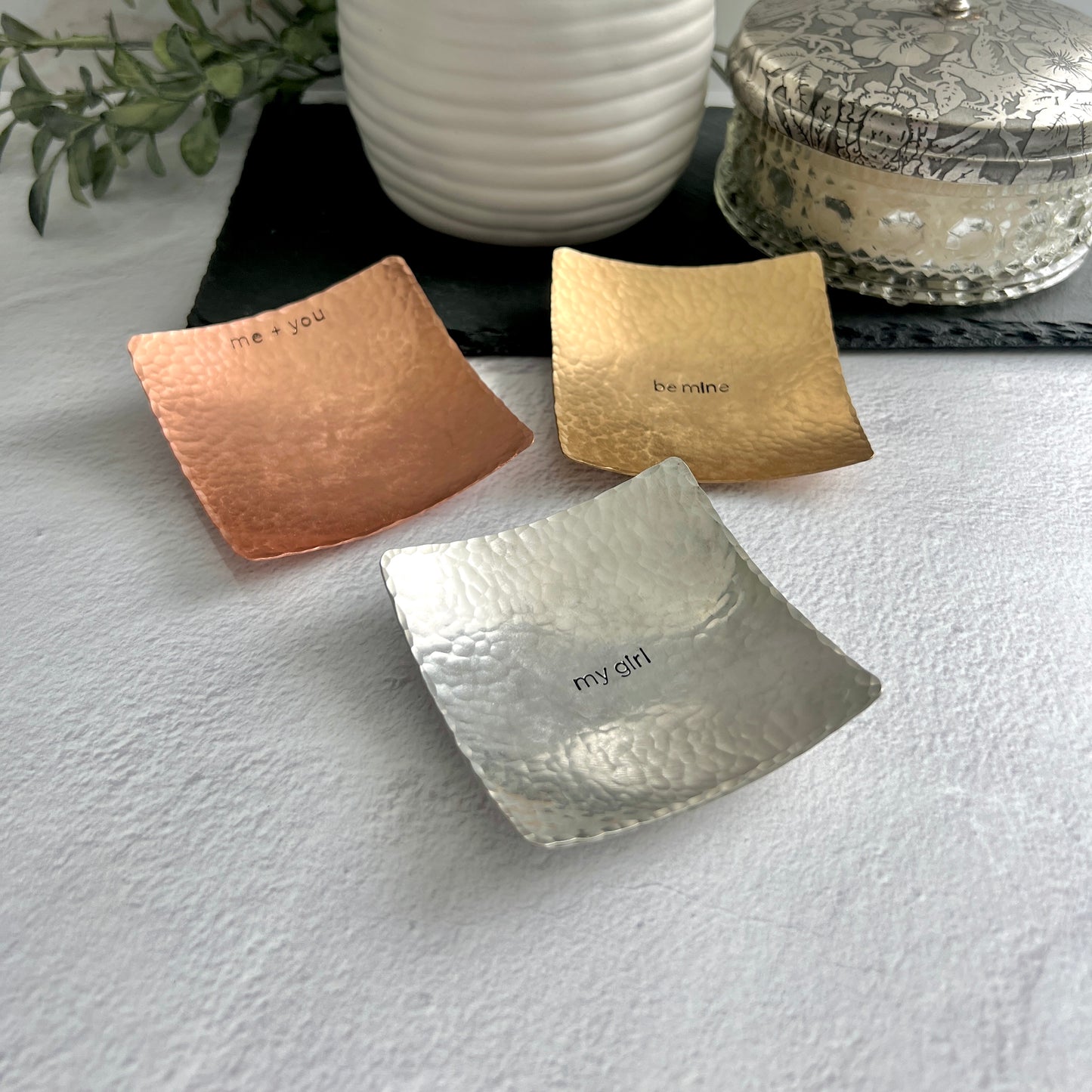 Custom Small Square Ring Dish – Hand-Stamped Copper, Bronze, or Pewter | Personalized 3" Metal Ring Holder