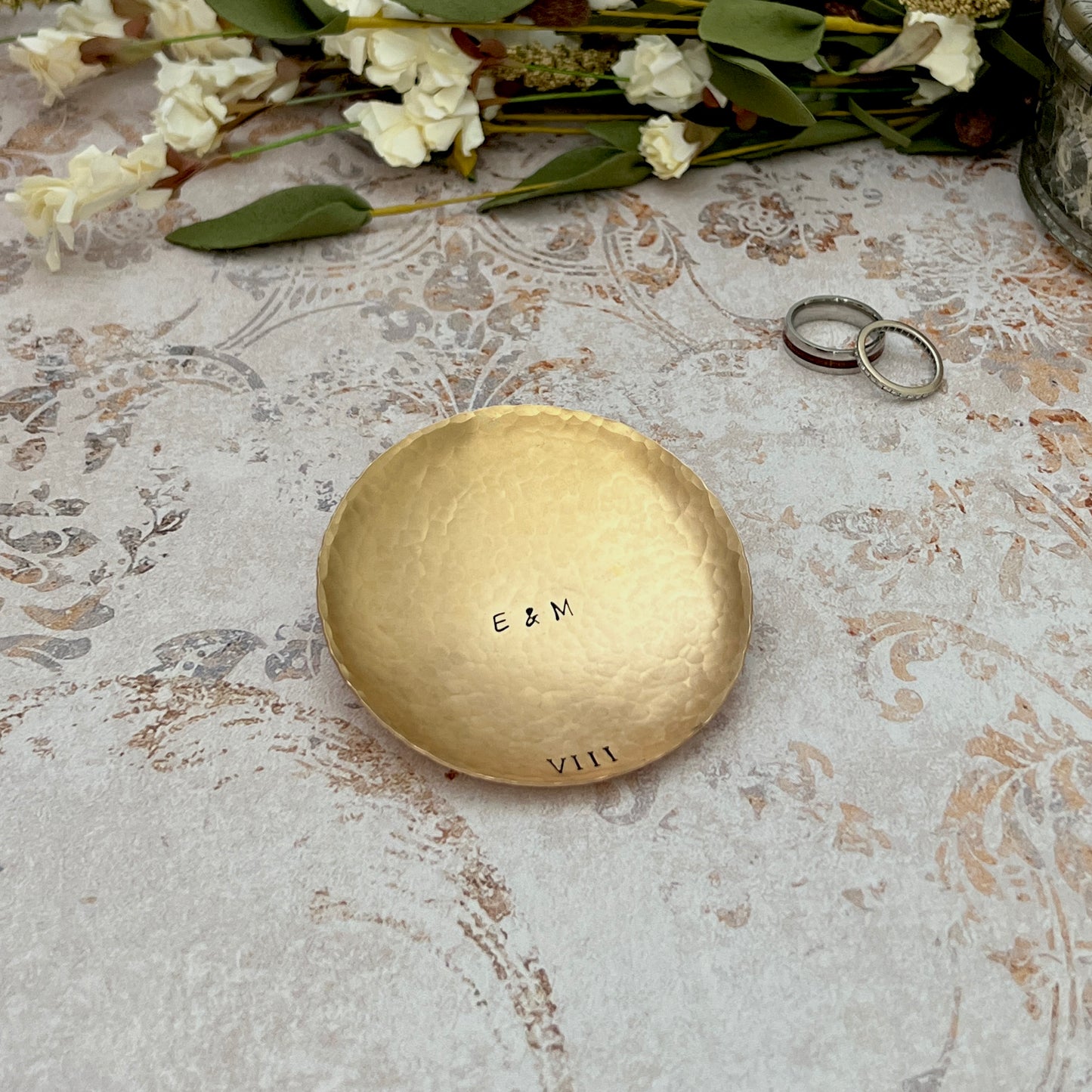 Personalized Bronze Ring Dish - Round, Hammered & Custom Stamped