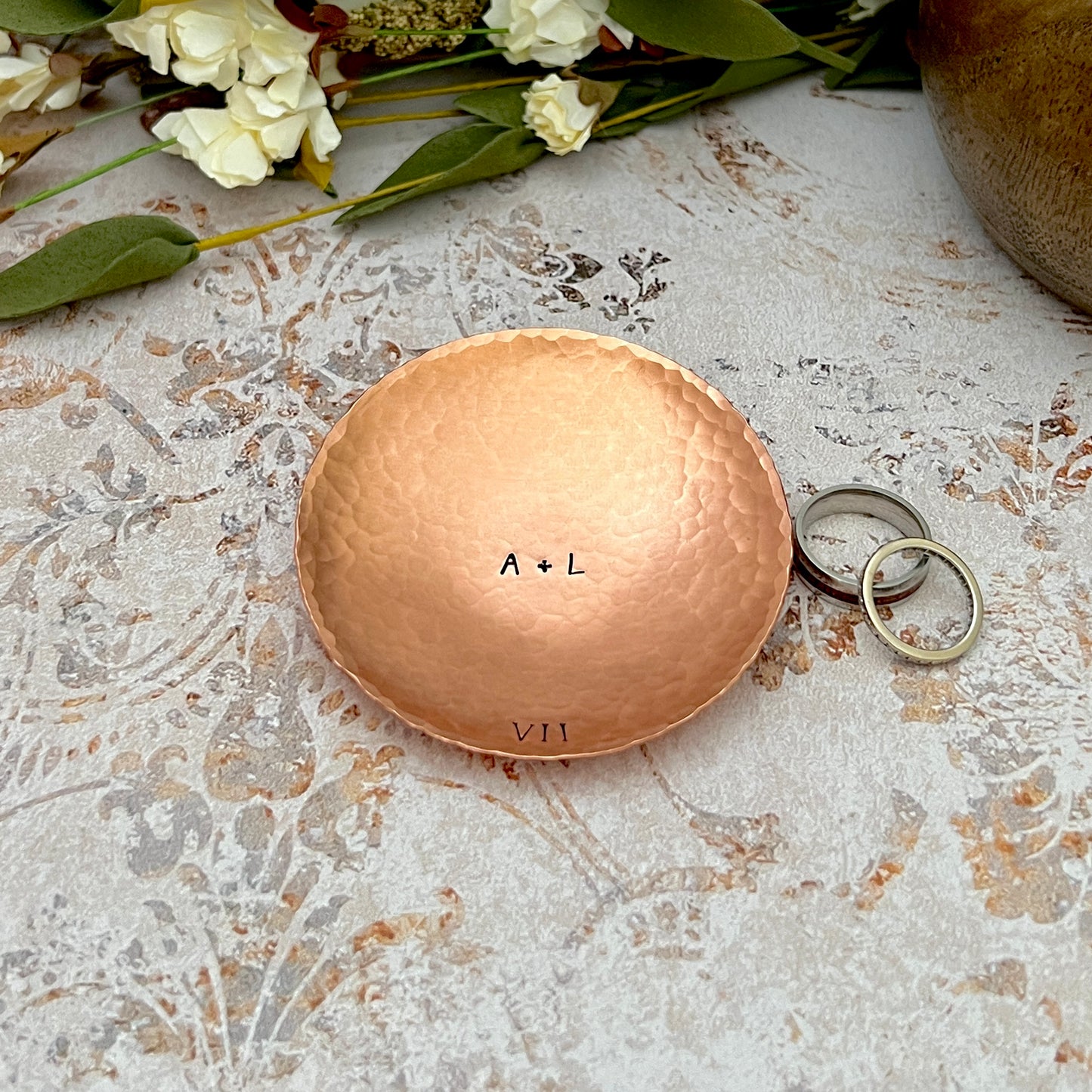Personalized Copper Ring Dish - Round, Hammered & Custom Stamped