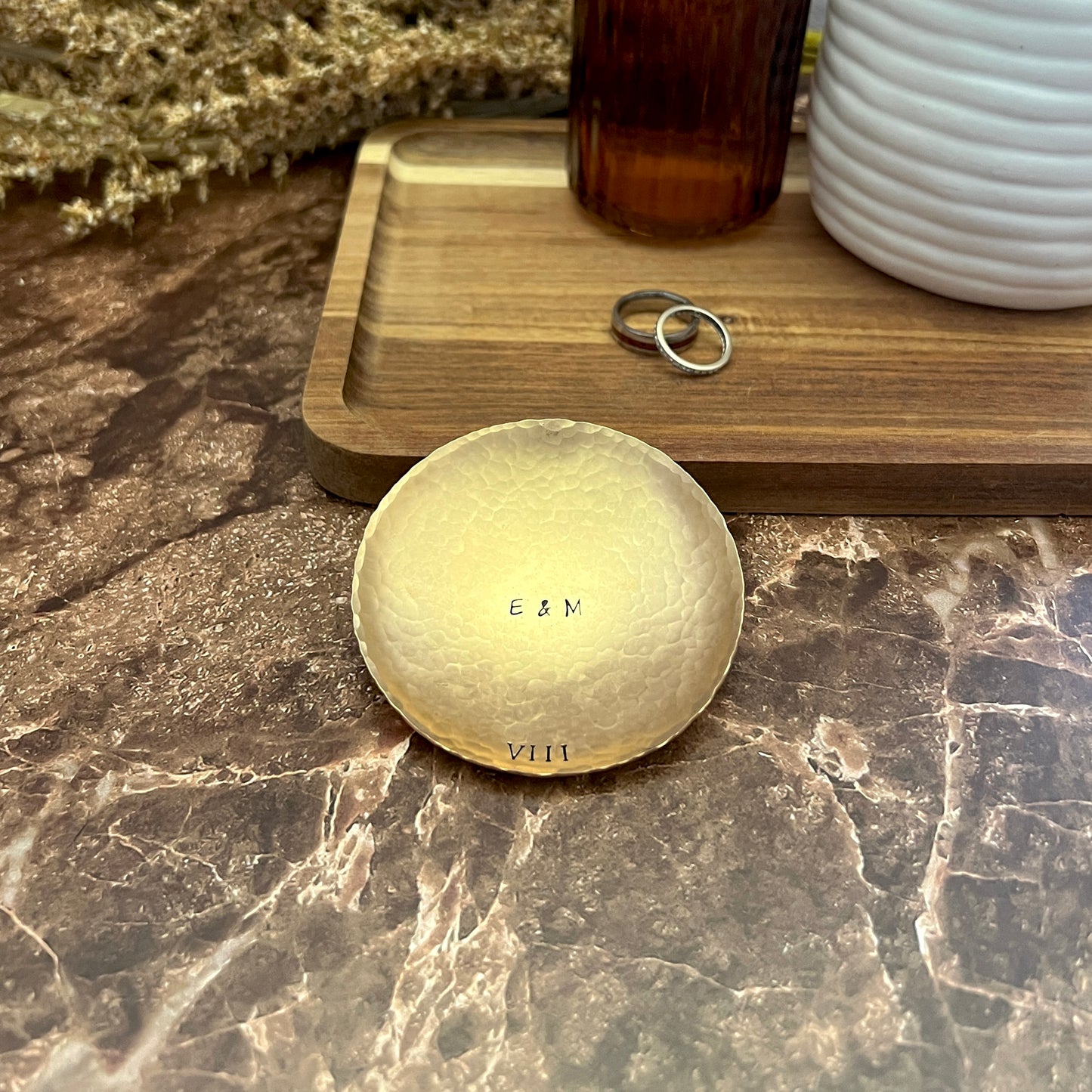 Personalized Bronze Ring Dish - Round, Hammered & Custom Stamped