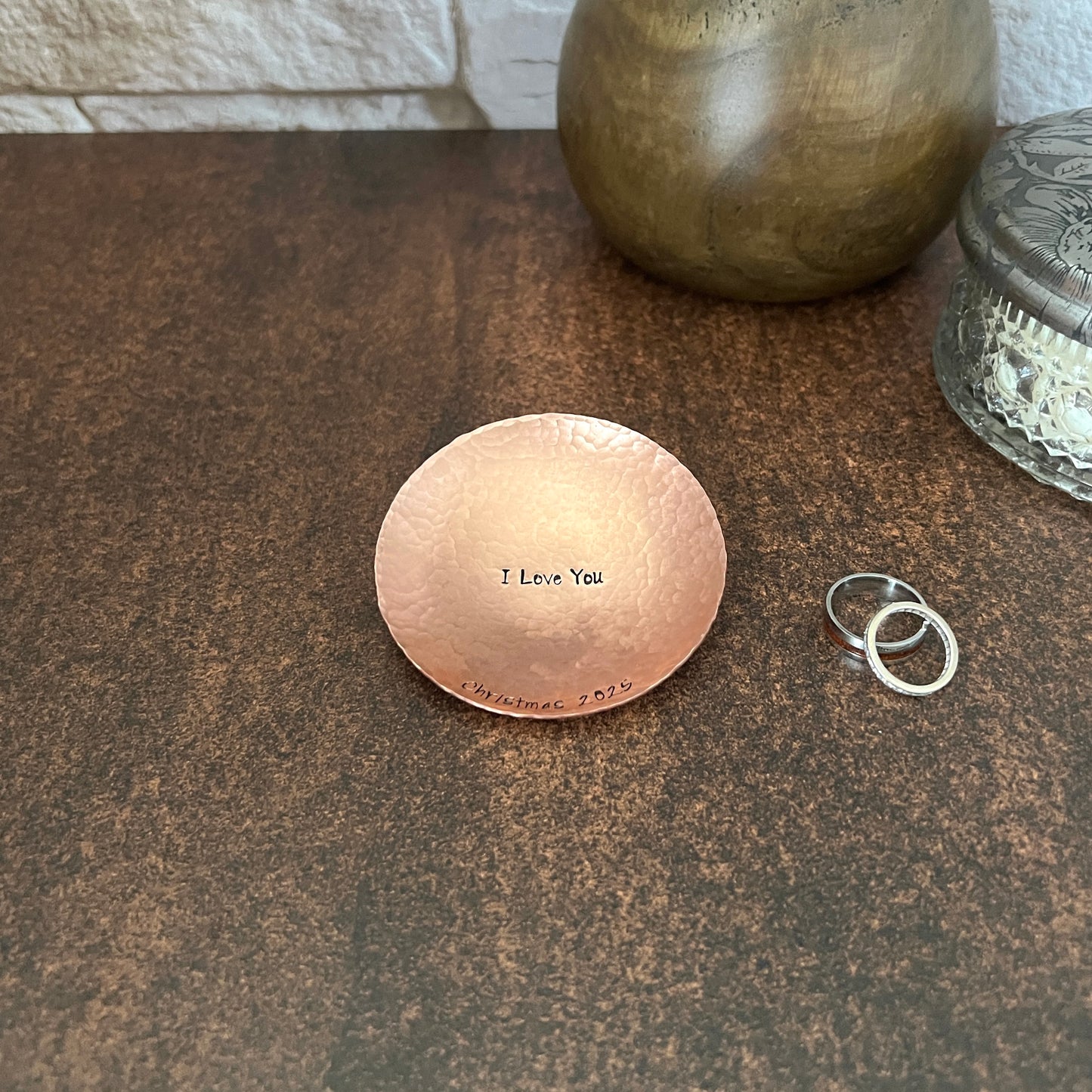 Personalized Copper Ring Dish - Round, Hammered & Custom Stamped