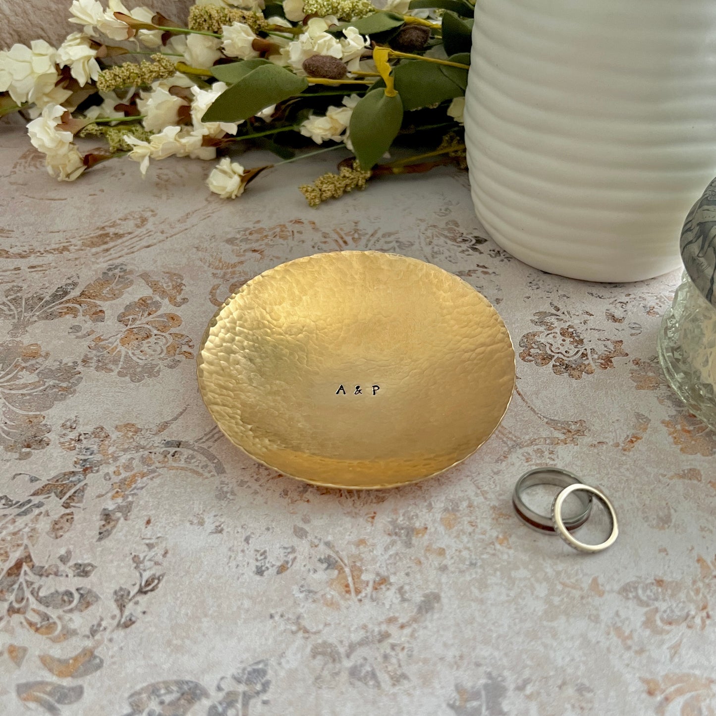 Personalized Bronze Ring Dish - Round, Hammered & Custom Stamped